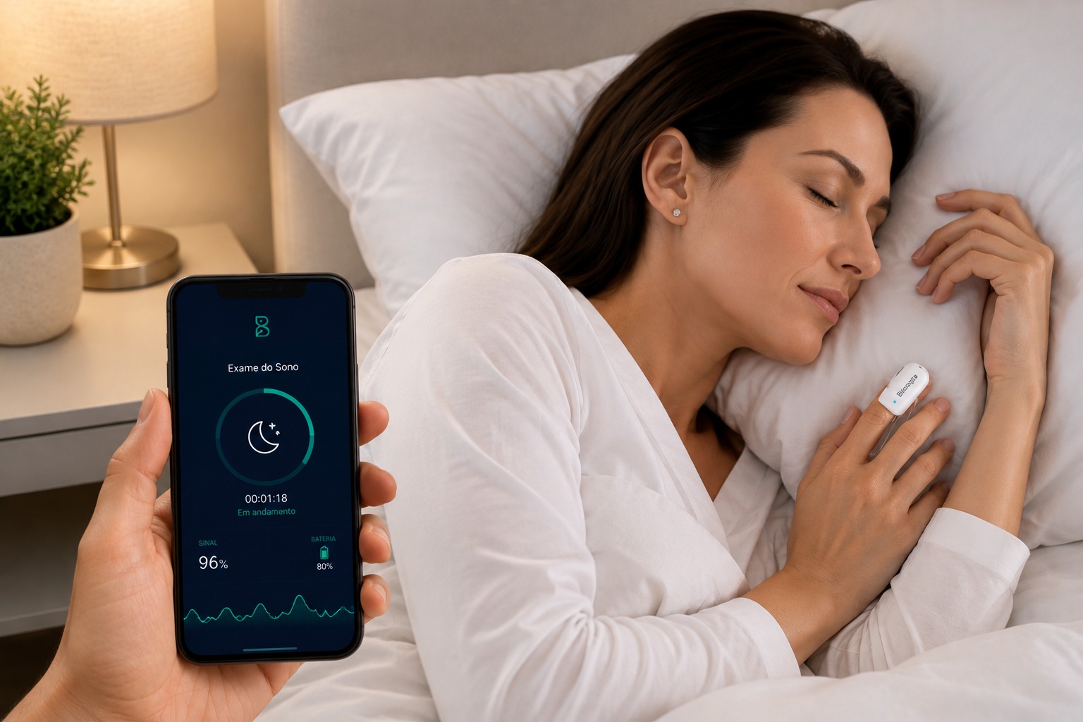 Paciente realizando exame domiciliar do sono com sensor Biologix e acompanhamento pelo celular